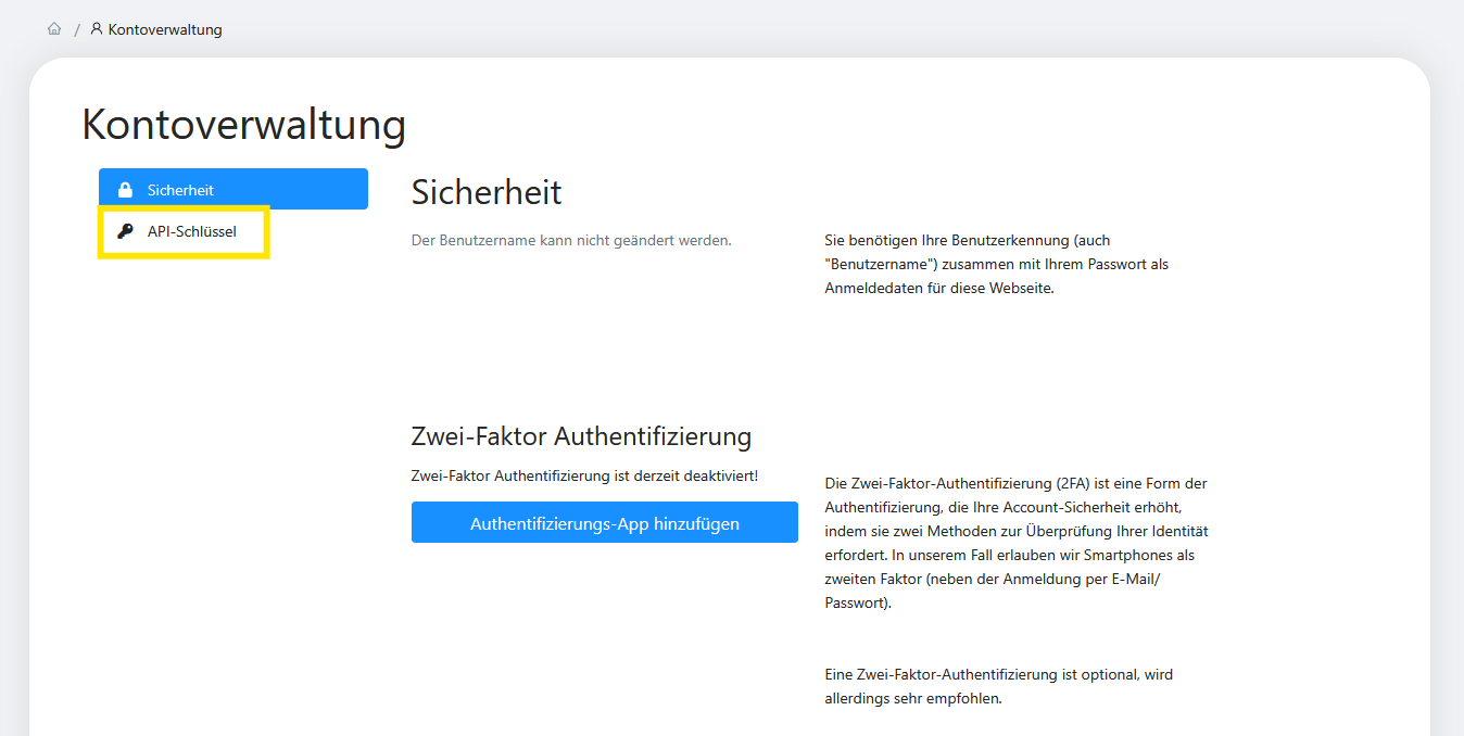 API-Schlüssel-Bereich