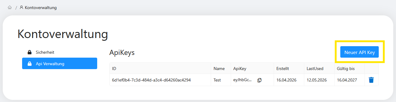 API-Schlüssel generiert